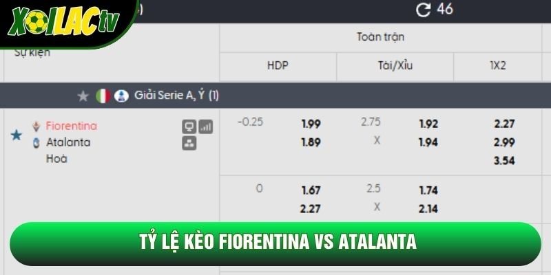 Tỷ lệ kèo Fiorentina vs Atalanta Tỷ lệ kèo Fiorentina vs Atalanta